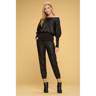 Faux Leather Top with Rib Banded Bottom