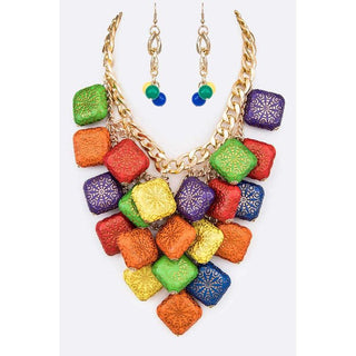 Textured Wooden Beads Statement Necklace Set