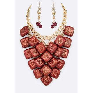 Textured Wooden Beads Statement Necklace Set
