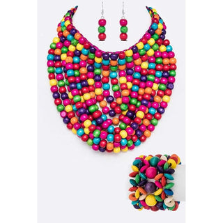 Wooden Beads Statement Necklace BraceletSet