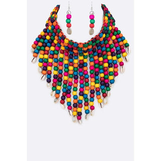 Wooden Beads Seashell Statement Necklace Set