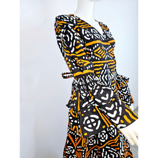 African Print Long Wrap Maxi Dress Ankle Length / Bell Sleeve