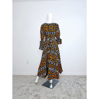 African Print Long Wrap Maxi Dress Ankle Length / Bell Sleeve