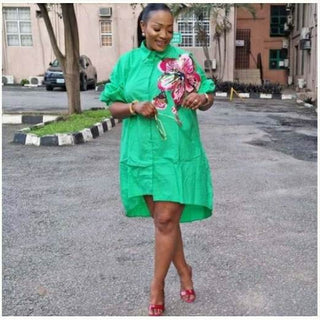 African Woman Sequin Embroidery Long Tunic Shirtdress High Low Midi Dress / One Size Fits M - 2XL