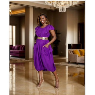 Comfortable Balloon Maxi Dress with Pleated Sleeves & Elastic Hem