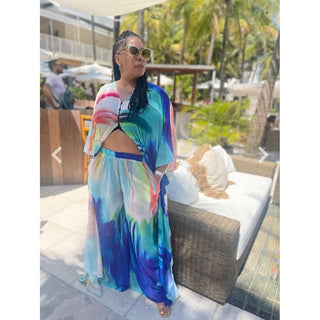 LONG Ocean Sky Summer African Chiffon Kimono Kaftan Two Piece Pant Set