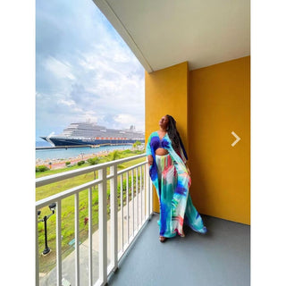 LONG Ocean Sky Summer African Chiffon Kimono Kaftan Two Piece Pant Set