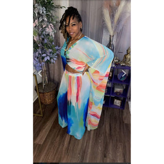 LONG Ocean Sky Summer African Chiffon Kimono Kaftan Two Piece Pant Set