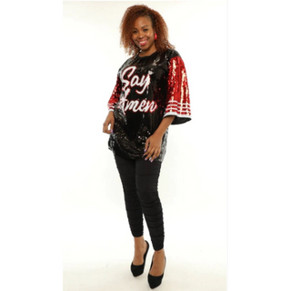 Sequin Jersey Top Say Amen Blessed Birthday Queen Gift