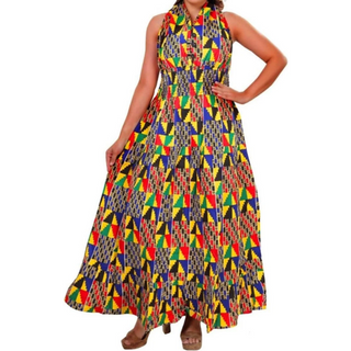 African Ankara Style Print Long Smocked Maxi Sundress - One Size Fits S - 2XL