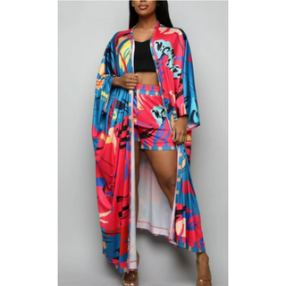 Kimono Kaftan Robe two Piece Short Set / Long Abaya + Shorts Pants Suits Dress