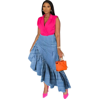 Striped Asymmetrical Long Ruffle Hem Zipper Maxi Skirt
