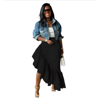 Asymmetrical Long Ruffle Hem Zipper Maxi Skirt