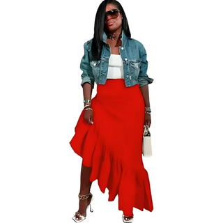 Asymmetrical Long Ruffle Hem Zipper Maxi Skirt