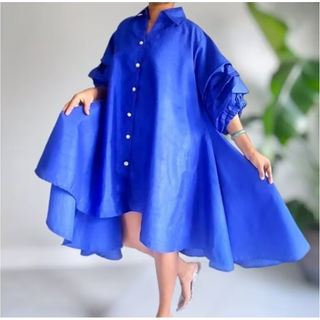 Blue Long Tunic Silk Sheen Knee Length Dress / Trench Coat / Swing Dress Ruffle Sleeve / Hi Lo Blouse One Size Fits M - 2XL