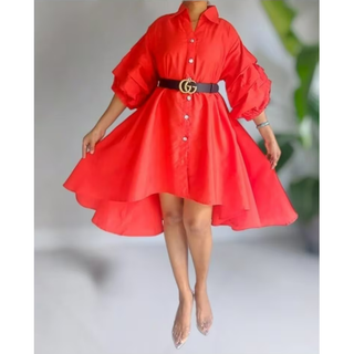 Red Long Tunic Silk Sheen Knee Length Dress / Trench Coat / Swing Dress Ruffle Sleeve / Hi Lo Blouse One Size Fits M - 2XL