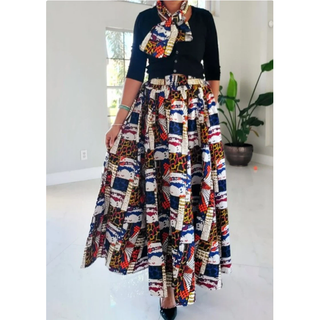 African Print Ankara Style Long Maxi Skirt with matching Sash