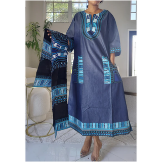 African Print Dashiki Denim Print Long Maxi Dress with headwrap head scarf - Plus Size