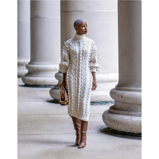 Elegant Cable Knit Casual Turtle Neck Puff Sleeve Knit Duster Long Sweater Dress Winter Maxi Dress