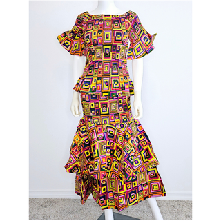 African Ankara Print Style Long Elastic Maxi Smock Dress Skirt Set Wax Cotton - 2 Piece Set