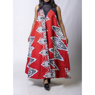 African Ankara Style Print Swing Maxi Dress with Embellishments