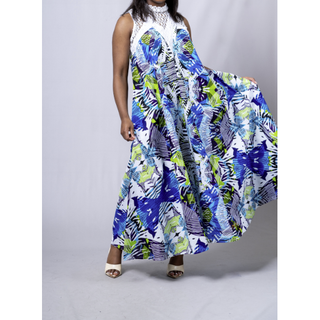 African Ankara Style Print Swing Maxi Dress with Embellishments