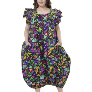 Comfortable Balloon Maxi Dress with Pleated Sleeves & Elastic Hem with sash / head wrap