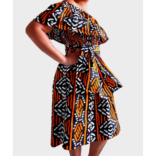 Ankara Print Off Shoulder Midi Dress Mud Print