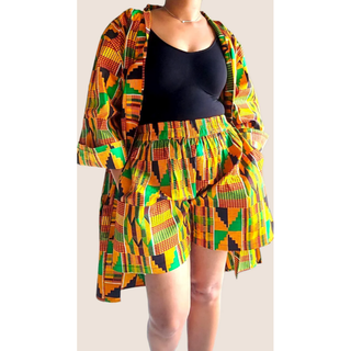 African Print Ankara Style Kimono Kaftan Short Set Kente