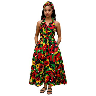 Women Long Smocked Maxi Sundress with Headwrap