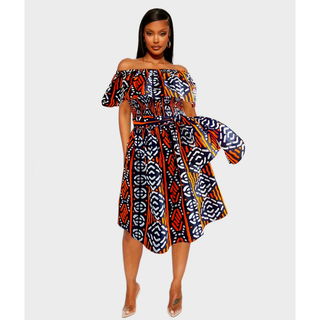 Ankara Print Off Shoulder Midi Dress Mud Print