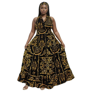 African Ankara Style Print Long Smocked Maxi Sundress with headwrap
