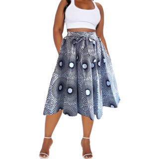 African Ankara Print Midi Skirt with Pockets and Headwrap/Sash