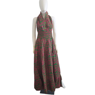 African Ankara Style Print Long Smocked Maxi Sundress with Headwrap