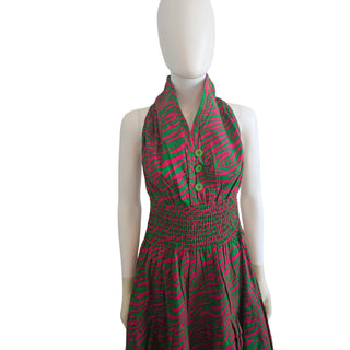 African Ankara Style Print Long Smocked Maxi Sundress with Headwrap
