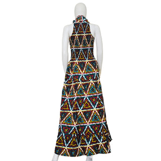 African Ankara Style Print Long Smocked Maxi Sundress with Headwrap