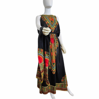 African Dashiki Style Print Long Sleeveless Maxi Sundress with Head Scarf - Plus Size
