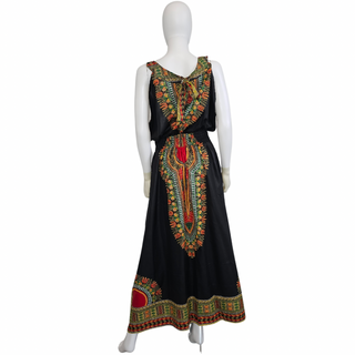 African Dashiki Style Print Long Sleeveless Maxi Sundress with Head Scarf - Plus Size
