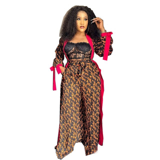 Summer African Chiffon Kaftan Robe Duster Two Piece Pant Set / Long Abaya + Pants Suits Dress