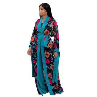 Summer African Chiffon Kaftan Robe Duster Two Piece Pant Set / Long Abaya + Pants Suits Dress