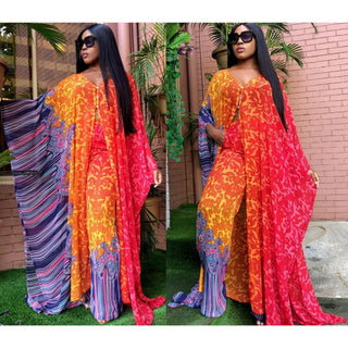 LONG Summer African Chiffon Kimono Kaftan Two Piece Pant Set / Long Abaya + Pants Suits Dress