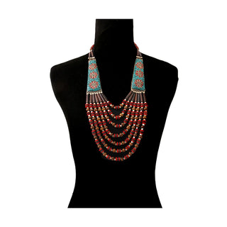 Long Layered Wooden Bead Necklace with Turquoise Mosaic