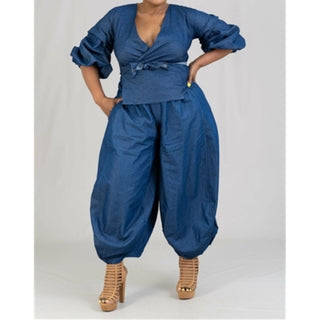 Denim Hi Low Top with Harem Pants separates