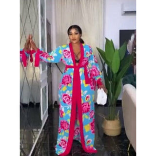 Summer African Chiffon Kaftan Robe Duster Two Piece Pant Set / Long Abaya + Pants Suits Dress