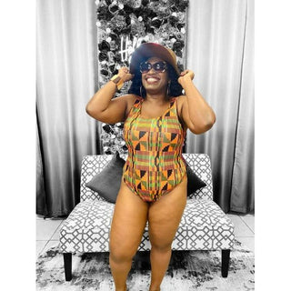 African Kente Print One-Piece Swimsuit with Head wrap / African Print bathing suit / Ankara Swimwear, Vibrant Colored Beachwear