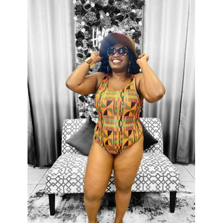 African Kente Print One-Piece Swimsuit with Head wrap / African Print bathing suit / Ankara Swimwear, Vibrant Colored Beachwear