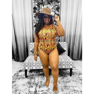 African Kente Print One-Piece Swimsuit with Head wrap / African Print bathing suit / Ankara Swimwear, Vibrant Colored Beachwear