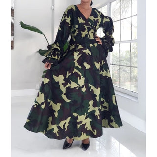 Camouflage Ruffled Sleeve Maxi Wrap Dress