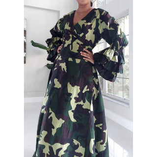 Camouflage Ruffled Sleeve Maxi Wrap Dress