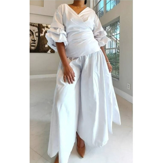 Palazzo Wide Leg Pants with Wrap Blouse Ruffle Sleeves 2 Piece Set